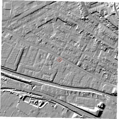 Shaded relief map of the ground around LN11SP, computed from Environment Agency LiDAR. The ground here sits at about 5 m above sea level and falls 32 m across the surrounding 800 m. Surface water reaching this point runs off ground lying to the north-east, 25.9 m higher.