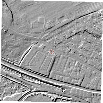 Shaded relief map of the ground around LN11SQ, computed from Environment Agency LiDAR. The ground here sits at about 6 m above sea level and falls 17 m across the surrounding 800 m. Surface water reaching this point runs off ground lying to the south-south-east, 1.6 m higher.