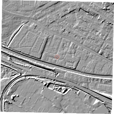 Shaded relief map of the ground around LN11SR, computed from Environment Agency LiDAR. The ground here sits at about 6 m above sea level and falls 16 m across the surrounding 800 m. Surface water reaching this point runs off ground lying to the south-east, 1.1 m higher.