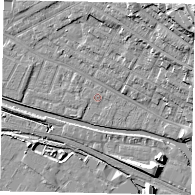 Shaded relief map of the ground around LN11SU, computed from Environment Agency LiDAR. The ground here sits at about 6 m above sea level and falls 32 m across the surrounding 800 m. Surface water reaching this point runs off ground lying to the north-east, 0.6 m higher.