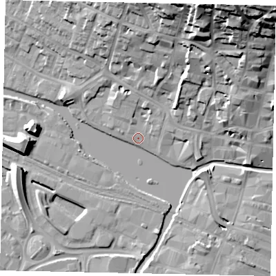 Shaded relief map of the ground around LN11SW, computed from Environment Agency LiDAR. The ground here sits at about 6 m above sea level and falls 40 m across the surrounding 800 m. Surface water reaching this point runs off ground lying to the north-north-east, 3.8 m higher.