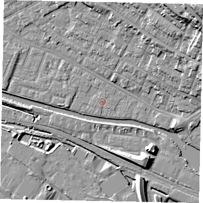 Shaded relief map of the ground around LN11SY, computed from Environment Agency LiDAR. The ground here sits at about 6 m above sea level and falls 34 m across the surrounding 800 m. Surface water reaching this point runs off ground lying to the south-south-west, 0.6 m higher.