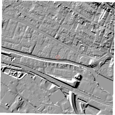 Shaded relief map of the ground around LN11TA, computed from Environment Agency LiDAR. The ground here sits at about 5 m above sea level and falls 37 m across the surrounding 800 m. Surface water reaching this point runs off ground lying to the west, 2.5 m higher.