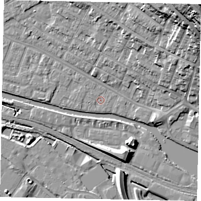 Shaded relief map of the ground around LN11TB, computed from Environment Agency LiDAR. The ground here sits at about 5 m above sea level and falls 44 m across the surrounding 800 m. Surface water reaching this point runs off ground lying to the north-west, 0.7 m higher.