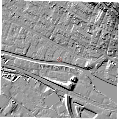 Shaded relief map of the ground around LN11TD, computed from Environment Agency LiDAR. The ground here sits at about 5 m above sea level and falls 41 m across the surrounding 800 m. Surface water reaching this point runs off ground lying to the north-east, 24.5 m higher.