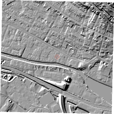 Shaded relief map of the ground around LN11TE, computed from Environment Agency LiDAR. The ground here sits at about 5 m above sea level and falls 51 m across the surrounding 800 m. Surface water reaching this point runs off ground lying to the north-north-east, 23.7 m higher.