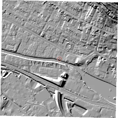 Shaded relief map of the ground around LN11TG, computed from Environment Agency LiDAR. The ground here sits at about 6 m above sea level and falls 43 m across the surrounding 800 m. Surface water reaching this point runs off ground lying to the north-east, 12.6 m higher.