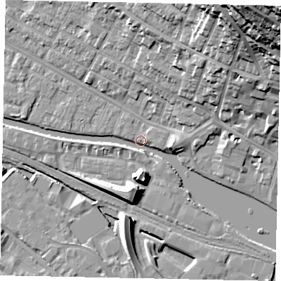 Shaded relief map of the ground around LN11TJ, computed from Environment Agency LiDAR. The ground here sits at about 6 m above sea level and falls 45 m across the surrounding 800 m. Surface water reaching this point runs off ground lying to the north-east, 12.6 m higher.