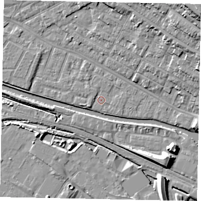 Shaded relief map of the ground around LN11TL, computed from Environment Agency LiDAR. The ground here sits at about 5 m above sea level and falls 23 m across the surrounding 800 m. Surface water reaching this point runs off ground lying to the west-north-west, 1.0 m higher.