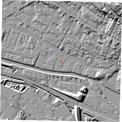 Shaded relief map of the ground around LN11TN, computed from Environment Agency LiDAR. The ground here sits at about 5 m above sea level and falls 41 m across the surrounding 800 m. Surface water reaching this point runs off ground lying to the west-north-west, 0.7 m higher.