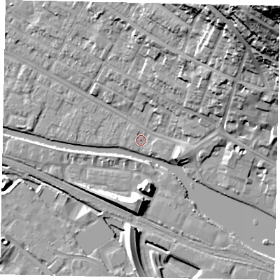 Shaded relief map of the ground around LN11TQ, computed from Environment Agency LiDAR. The ground here sits at about 5 m above sea level and falls 50 m across the surrounding 800 m. Surface water reaching this point runs off ground lying to the east-north-east, 11.6 m higher.