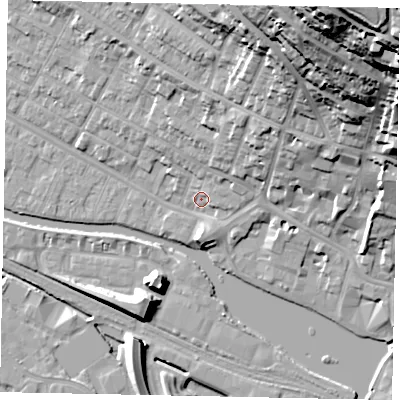 Shaded relief map of the ground around LN11WG, computed from Environment Agency LiDAR. The ground here sits at about 6 m above sea level and falls 60 m across the surrounding 800 m. Surface water reaching this point runs off ground lying to the north-east, 11.4 m higher.