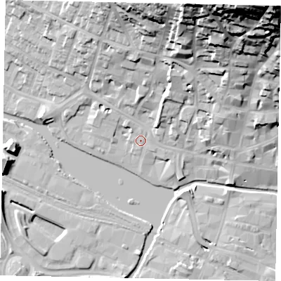Shaded relief map of the ground around LN11XL, computed from Environment Agency LiDAR. The ground here sits at about 7 m above sea level and falls 55 m across the surrounding 800 m. Surface water reaching this point runs off ground lying to the north-west, 1.8 m higher.