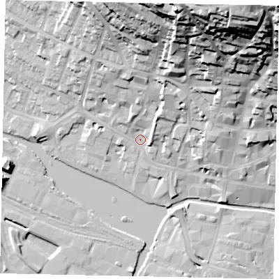 Shaded relief map of the ground around LN11XP, computed from Environment Agency LiDAR. The ground here sits at about 8 m above sea level and falls 60 m across the surrounding 800 m. Surface water reaching this point runs off ground lying to the north-north-east, 49.8 m higher.