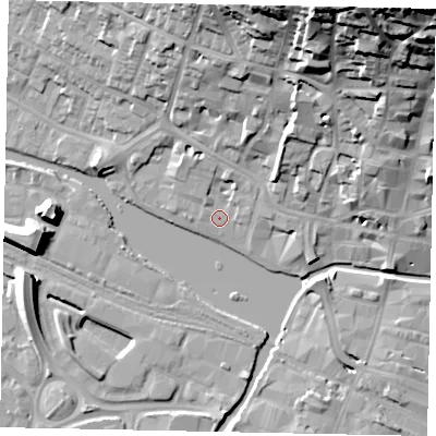 Shaded relief map of the ground around LN11YA, computed from Environment Agency LiDAR. The ground here sits at about 6 m above sea level and falls 45 m across the surrounding 800 m. Surface water reaching this point runs off ground lying to the north-north-east, 2.9 m higher.