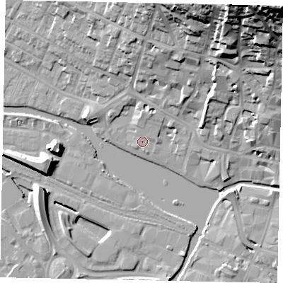 Shaded relief map of the ground around LN11YW, computed from Environment Agency LiDAR. The ground here sits at about 6 m above sea level and falls 53 m across the surrounding 800 m. Surface water reaching this point runs off ground lying to the north-north-east, 2.6 m higher.