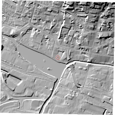Shaded relief map of the ground around LN11YX, computed from Environment Agency LiDAR. The ground here sits at about 6 m above sea level and falls 33 m across the surrounding 800 m. Surface water reaching this point runs off ground lying to the north, 2.2 m higher.