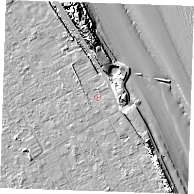 Shaded relief map of the ground around LN121AA, computed from Environment Agency LiDAR. The ground here sits at about 2 m above sea level and falls 18 m across the surrounding 800 m. Surface water reaching this point runs off ground lying to the north-west, 1.3 m higher.