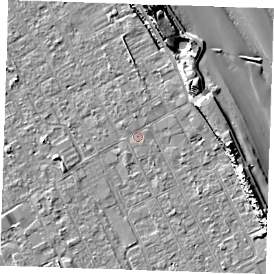 Shaded relief map of the ground around LN121AF, computed from Environment Agency LiDAR. The ground here sits at about 2 m above sea level and falls 15 m across the surrounding 800 m. The ground contributing surface water to this point lies to the south.