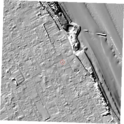 Shaded relief map of the ground around LN121AG, computed from Environment Agency LiDAR. The ground here sits at about 2 m above sea level and falls 17 m across the surrounding 800 m. Surface water reaching this point runs off ground lying to the north-east, 7.2 m higher.