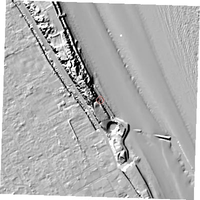 Shaded relief map of the ground around LN121AH, computed from Environment Agency LiDAR. The ground here sits at about 7 m above sea level and falls 18 m across the surrounding 800 m. Surface water reaching this point runs off ground lying to the north-west, 10.2 m higher.