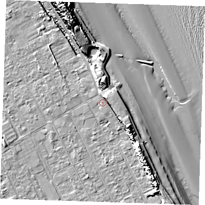 Shaded relief map of the ground around LN121AL, computed from Environment Agency LiDAR. The ground here sits at about 2 m above sea level and falls 17 m across the surrounding 800 m. Surface water reaching this point runs off ground lying to the north-east, 5.1 m higher.