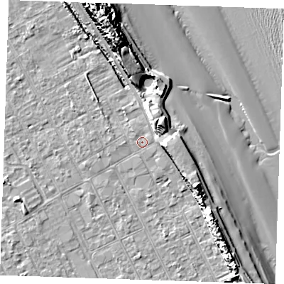 Shaded relief map of the ground around LN121AQ, computed from Environment Agency LiDAR. The ground here sits at about 2 m above sea level and falls 18 m across the surrounding 800 m. Surface water reaching this point runs off ground lying to the north-east, 6.8 m higher.
