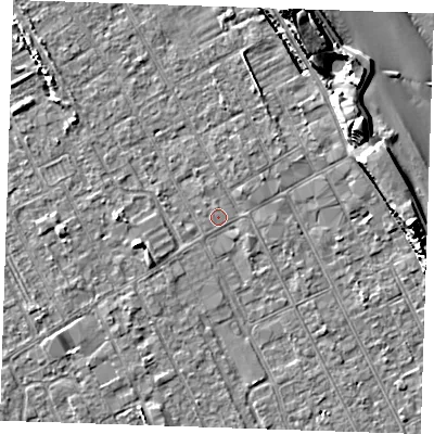 Shaded relief map of the ground around LN121AS, computed from Environment Agency LiDAR. The ground here sits at about 2 m above sea level and falls 13 m across the surrounding 800 m. The ground contributing surface water to this point lies to the south-west.