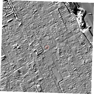 Shaded relief map of the ground around LN121AT, computed from Environment Agency LiDAR. The ground here sits at about 2 m above sea level and falls 10 m across the surrounding 800 m. Surface water reaching this point runs off ground lying to the west, 1.1 m higher.