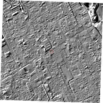 Shaded relief map of the ground around LN121AU, computed from Environment Agency LiDAR. The ground here sits at about 2 m above sea level and falls 9 m across the surrounding 800 m. The ground contributing surface water to this point lies to the south-south-west.