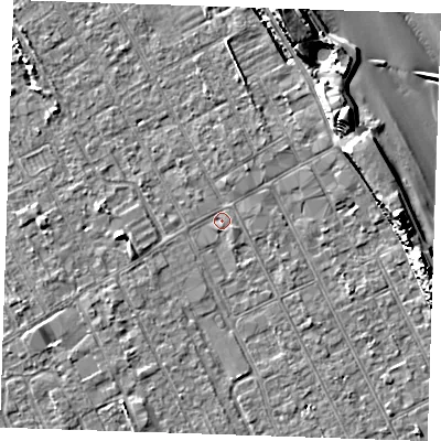 Shaded relief map of the ground around LN121AX, computed from Environment Agency LiDAR. The ground here sits at about 2 m above sea level and falls 13 m across the surrounding 800 m. Surface water reaching this point runs off ground lying to the east-south-east, 0.8 m higher.