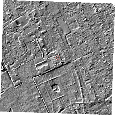 Shaded relief map of the ground around LN121BE, computed from Environment Agency LiDAR. The ground here sits at about 2 m above sea level and falls 10 m across the surrounding 800 m. Surface water reaching this point runs off ground lying to the south-south-east, 1.2 m higher.
