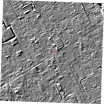 Shaded relief map of the ground around LN121BG, computed from Environment Agency LiDAR. The ground here sits at about 2 m above sea level and falls 7 m across the surrounding 800 m. Surface water reaching this point runs off ground lying to the east-north-east, 1.2 m higher.