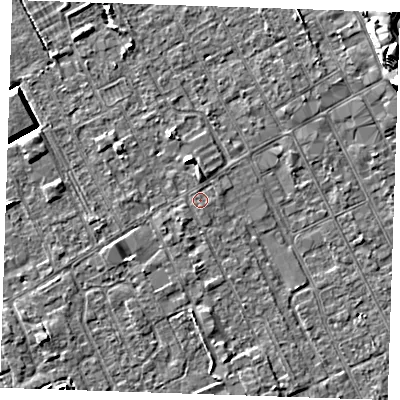 Shaded relief map of the ground around LN121BH, computed from Environment Agency LiDAR. The ground here sits at about 2 m above sea level and falls 8 m across the surrounding 800 m. The ground contributing surface water to this point lies to the south-west.