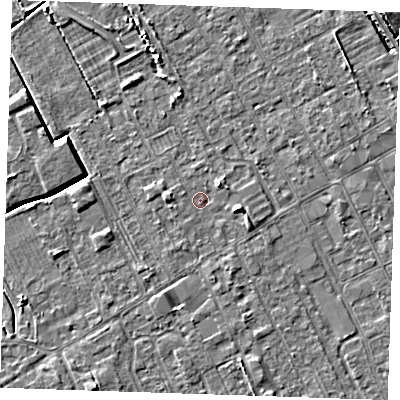 Shaded relief map of the ground around LN121BJ, computed from Environment Agency LiDAR. The ground here sits at about 2 m above sea level and falls 9 m across the surrounding 800 m. Surface water reaching this point runs off ground lying to the north-east, 1.9 m higher.