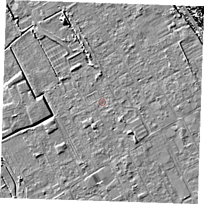 Shaded relief map of the ground around LN121BL, computed from Environment Agency LiDAR. The ground here sits at about 2 m above sea level and falls 14 m across the surrounding 800 m. Surface water reaching this point runs off ground lying to the south-east, 1.4 m higher.
