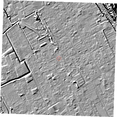 Shaded relief map of the ground around LN121BN, computed from Environment Agency LiDAR. The ground here sits at about 2 m above sea level and falls 15 m across the surrounding 800 m. Surface water reaching this point runs off ground lying to the south-south-east, 1.4 m higher.