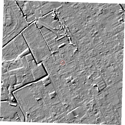 Shaded relief map of the ground around LN121BP, computed from Environment Agency LiDAR. The ground here sits at about 2 m above sea level and falls 7 m across the surrounding 800 m. Surface water reaching this point runs off ground lying to the east-south-east, 1.5 m higher.