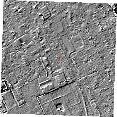 Shaded relief map of the ground around LN121BQ, computed from Environment Agency LiDAR. The ground here sits at about 2 m above sea level and falls 12 m across the surrounding 800 m. Surface water reaching this point runs off ground lying to the south-south-east, 1.4 m higher.