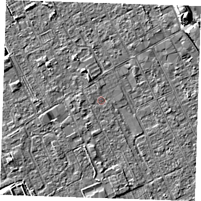 Shaded relief map of the ground around LN121BS, computed from Environment Agency LiDAR. The ground here sits at about 2 m above sea level and falls 8 m across the surrounding 800 m. Surface water reaching this point runs off ground lying to the west-north-west, 0.5 m higher.