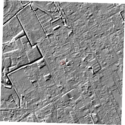 Shaded relief map of the ground around LN121BT, computed from Environment Agency LiDAR. The ground here sits at about 2 m above sea level and falls 4 m across the surrounding 800 m. Surface water reaching this point runs off ground lying to the east-south-east, 1.1 m higher.