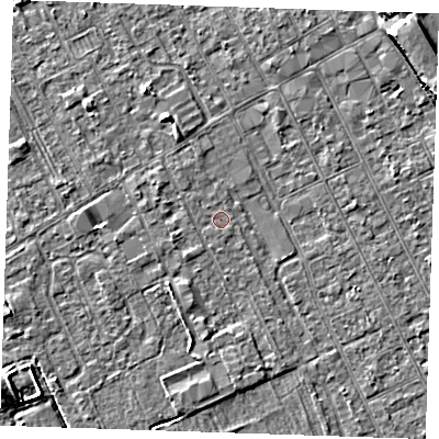 Shaded relief map of the ground around LN121BU, computed from Environment Agency LiDAR. The ground here sits at about 2 m above sea level and falls 7 m across the surrounding 800 m. Surface water reaching this point runs off ground lying to the west-north-west, 1.0 m higher.
