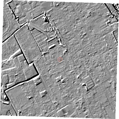Shaded relief map of the ground around LN121BW, computed from Environment Agency LiDAR. The ground here sits at about 2 m above sea level and falls 15 m across the surrounding 800 m. Surface water reaching this point runs off ground lying to the south-east, 1.4 m higher.