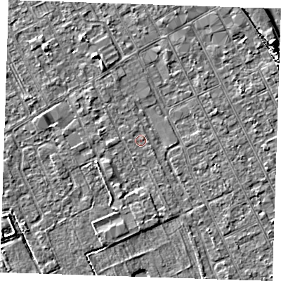 Shaded relief map of the ground around LN121BX, computed from Environment Agency LiDAR. The ground here sits at about 2 m above sea level and falls 11 m across the surrounding 800 m. Surface water reaching this point runs off ground lying to the south, 2.2 m higher.