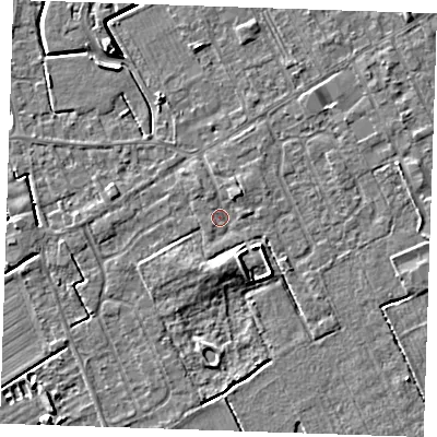 Shaded relief map of the ground around LN121BY, computed from Environment Agency LiDAR. The ground here sits at about 2 m above sea level and falls 5 m across the surrounding 800 m. Surface water reaching this point runs off ground lying to the north-east, 1.5 m higher.
