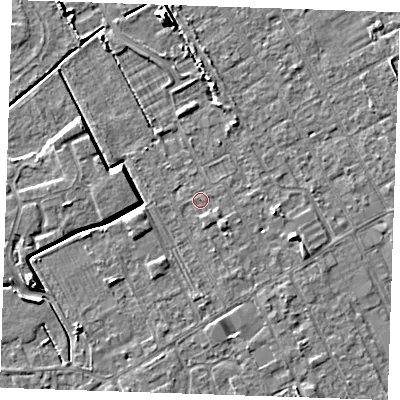 Shaded relief map of the ground around LN121DA, computed from Environment Agency LiDAR. The ground here sits at about 2 m above sea level and falls 7 m across the surrounding 800 m. Surface water reaching this point runs off ground lying to the south-east, 1.1 m higher.