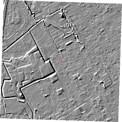 Shaded relief map of the ground around LN121DB, computed from Environment Agency LiDAR. The ground here sits at about 2 m above sea level and falls 7 m across the surrounding 800 m. Surface water reaching this point runs off ground lying to the east-south-east, 1.7 m higher.