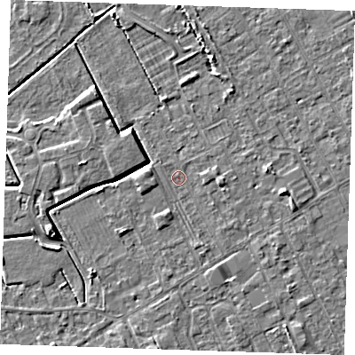 Shaded relief map of the ground around LN121DD, computed from Environment Agency LiDAR. The ground here sits at about 2 m above sea level and falls 4 m across the surrounding 800 m. Surface water reaching this point runs off ground lying to the east, 2.9 m higher.