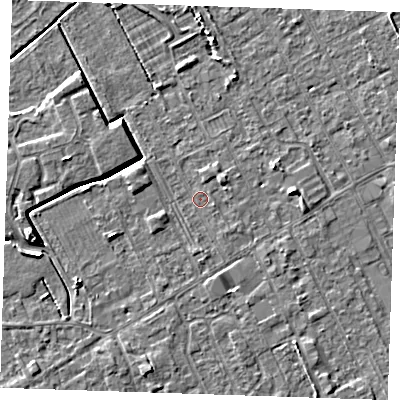 Shaded relief map of the ground around LN121DE, computed from Environment Agency LiDAR. The ground here sits at about 2 m above sea level and falls 4 m across the surrounding 800 m. Surface water reaching this point runs off ground lying to the east, 2.9 m higher.