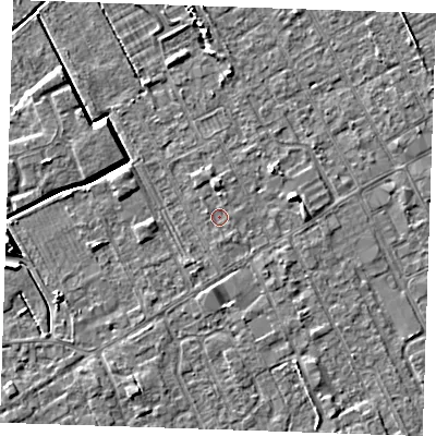 Shaded relief map of the ground around LN121DF, computed from Environment Agency LiDAR. The ground here sits at about 2 m above sea level and falls 4 m across the surrounding 800 m. Surface water reaching this point runs off ground lying to the north, 1.2 m higher.